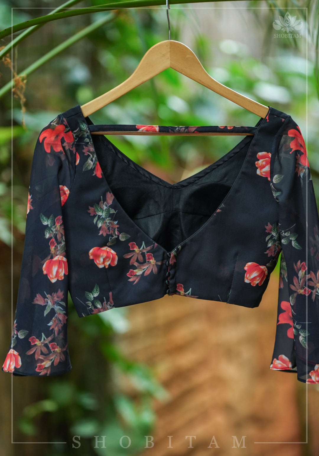 Bell Sleeves Georgette Blouse / Crop Top  in Black and Red