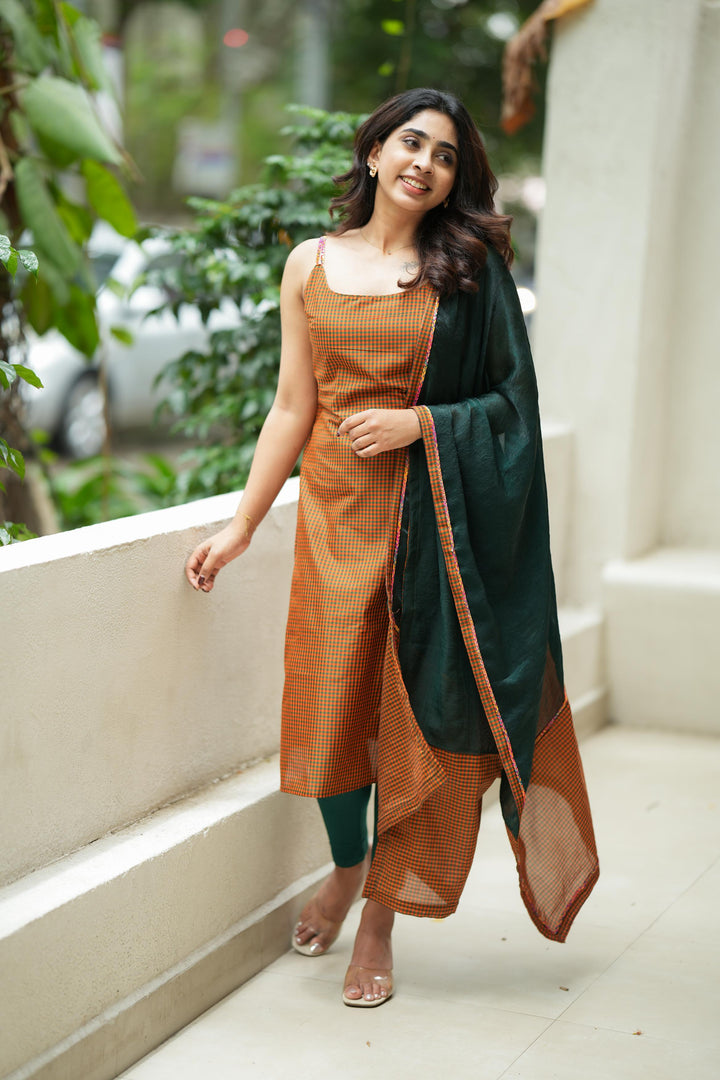 Narmada Rust with Green Kurti and Dupatta 2 piece set| Made To Order