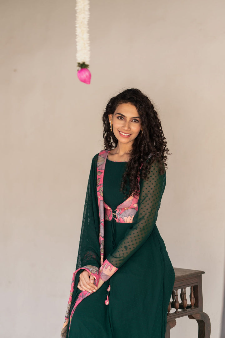 Deep Green and Pink Flared Kurti and Dupatta Set  | Made To Order