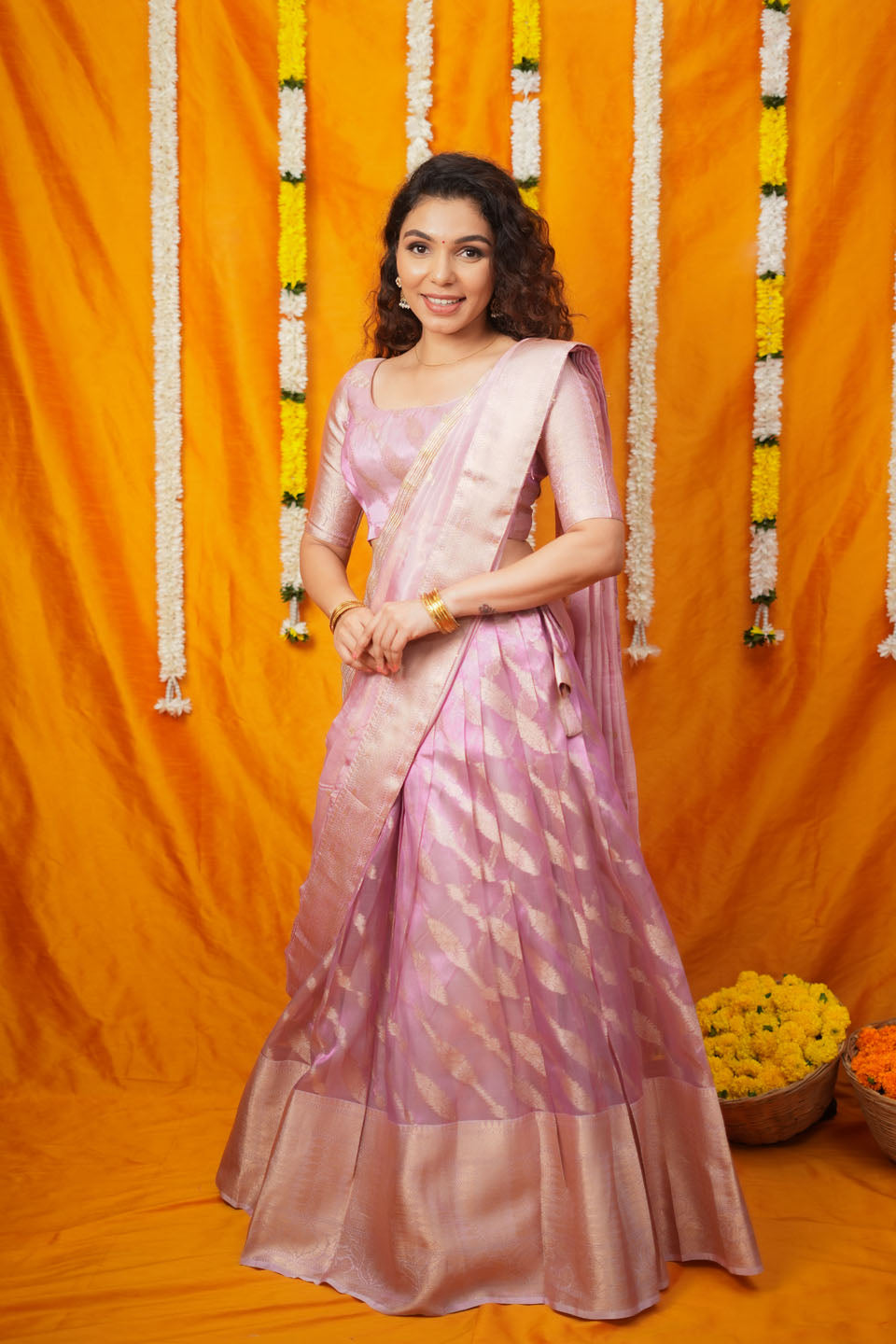 Aalaya Pink Banarasi Organza Half Saree Set | SHOBITAM
