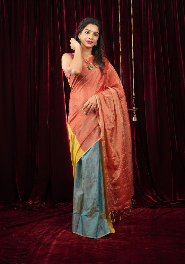 Ombre Copper Shimmering Maheshwari Tissue Silk Cotton Handloom Saree