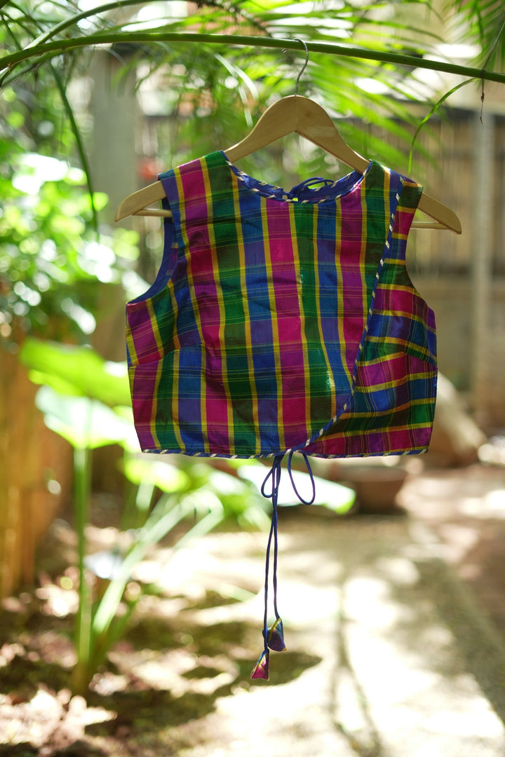Pink Green blue Pure raw silk checkerd croptop