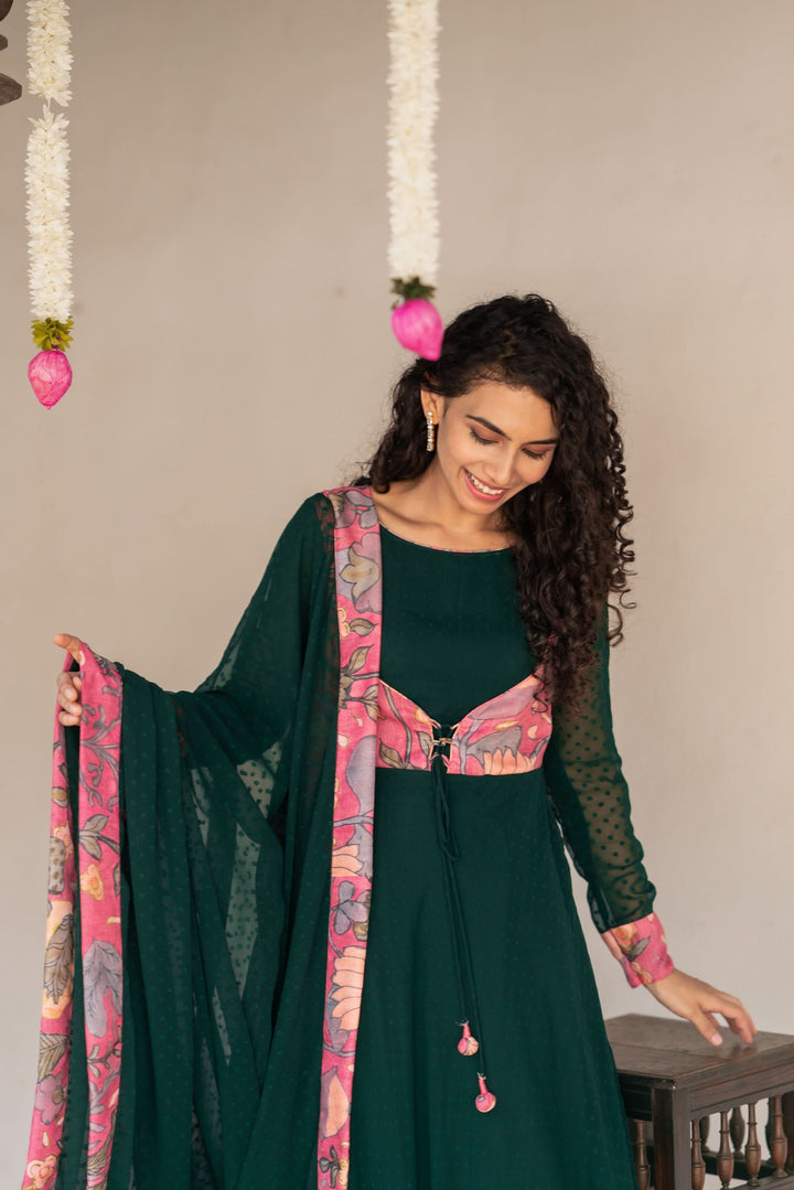 Deep Green and Pink Flared Kurti and Dupatta Set  | Made To Order
