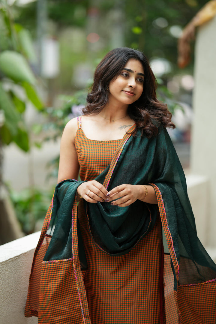 Narmada Rust with Green Kurti and Dupatta 2 piece set| Made To Order