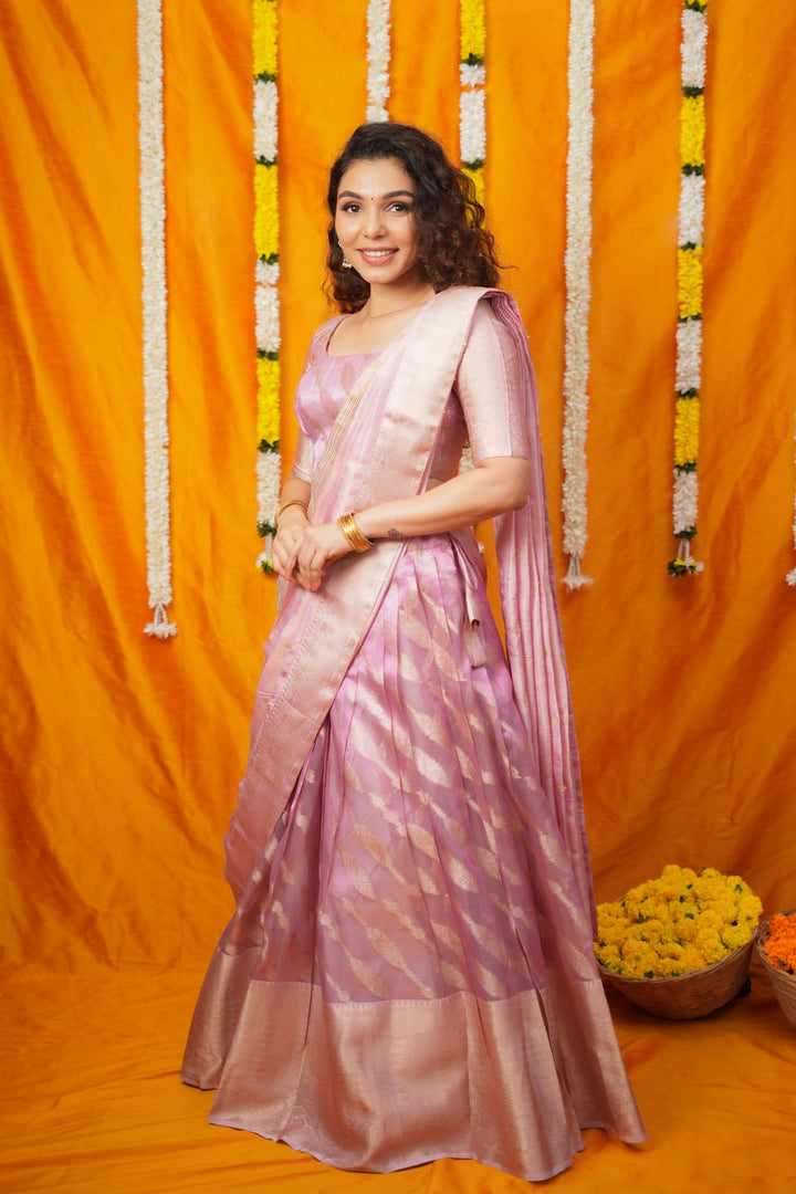 Aalaya Pink Banarasi Organza Half Saree Set | SHOBITAM