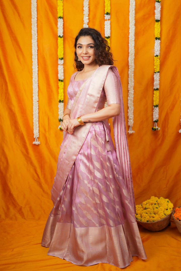 Aalaya Pink Banarasi Half Saree Set | Made To Order
