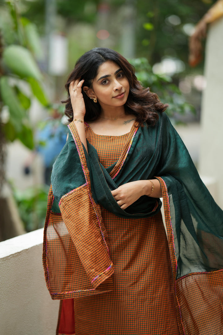 Narmada Rust with Green Kurti and Dupatta 2 piece set| Made To Order