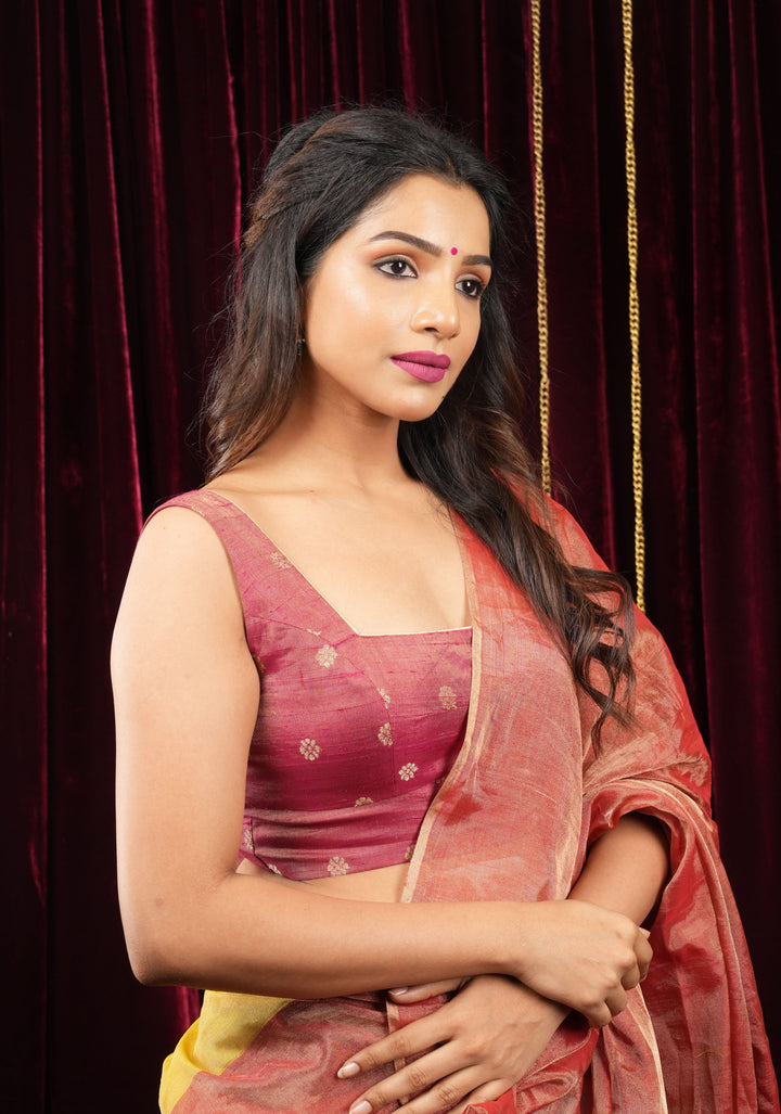 Deep Square Neck Sleeveless blouse in Reddish pink Pure Tissue Raw silk with zari buttas