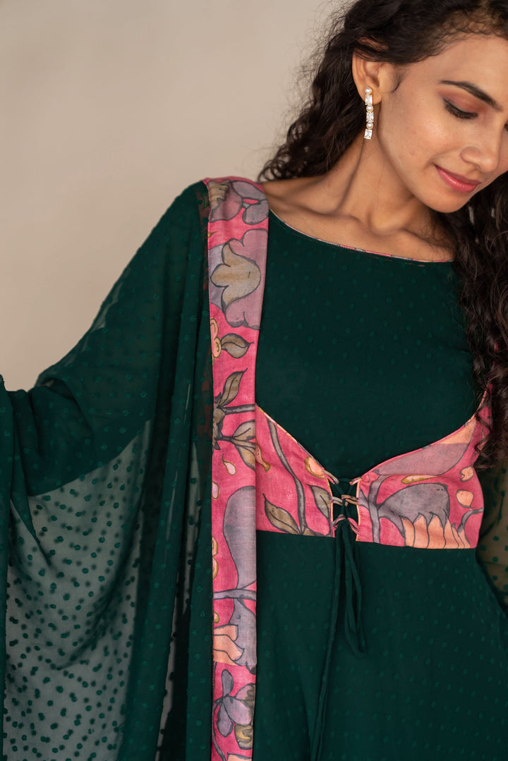 Deep Green and Pink Flared Kurti and Dupatta Set  | Made To Order