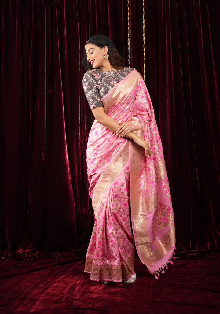 Exquisite Pink Semi Silk Saree with Floral jaal Meenakari Body Zari Border and Pallu