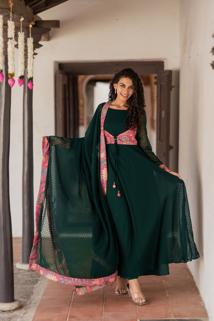 Deep Green and Pink Flared Kurti and Dupatta Set  | Made To Order