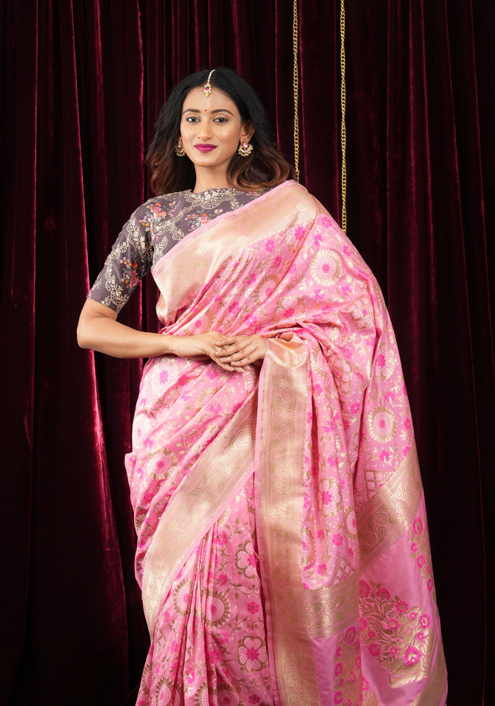 Exquisite Pink Semi Silk Saree with Floral jaal Meenakari Body Zari Border and Pallu