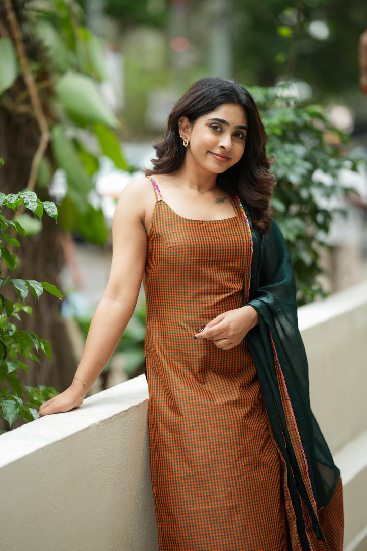 Narmada Rust with Green Kurti and Dupatta 2 piece set| Made To Order