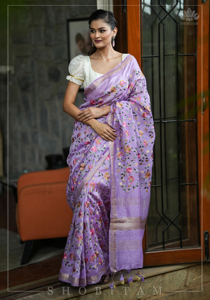 Floral Jaal embroidery on Silk Linen In Lilac with woven zari borders