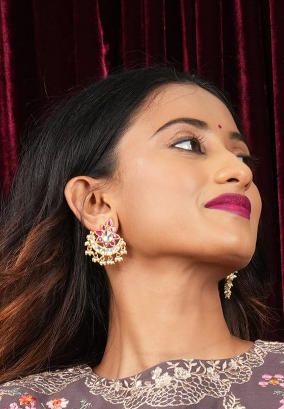 Floral Crescent shaped Kundan earrings with dangling Pearls