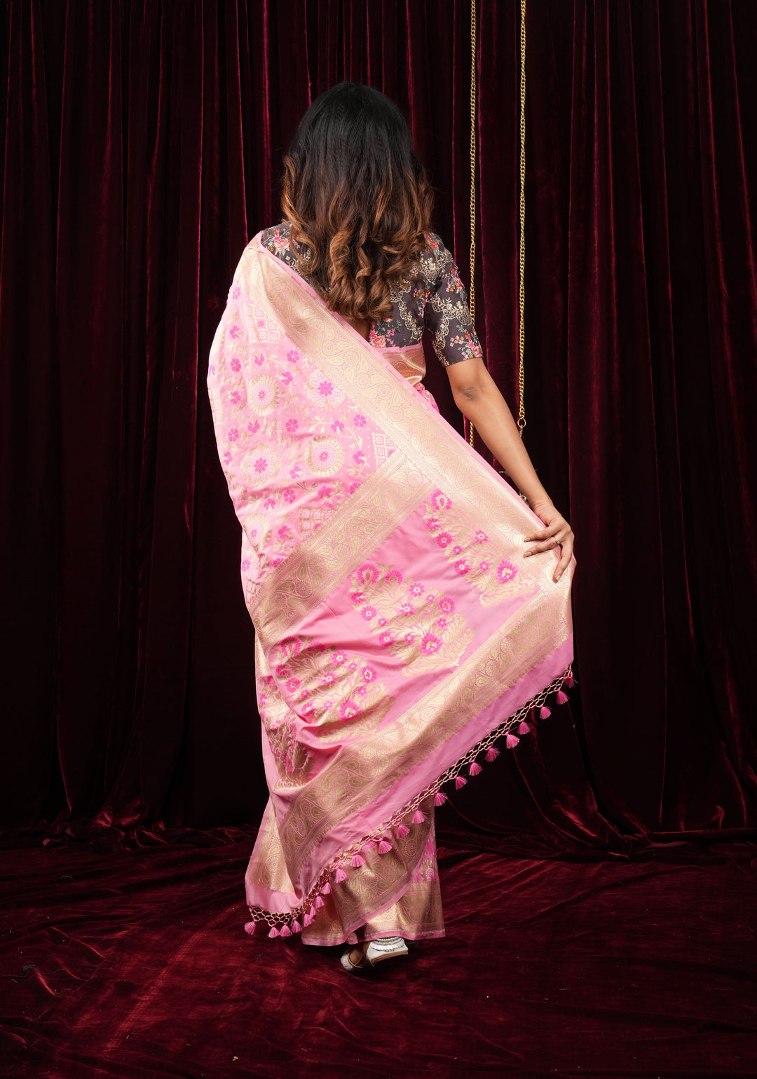 Exquisite Pink Semi Silk Saree with Floral jaal Meenakari Body Zari Border and Pallu