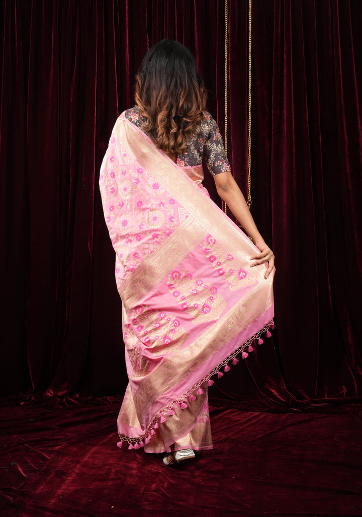 Exquisite Pink Semi Silk Saree with Floral jaal Meenakari Body Zari Border and Pallu