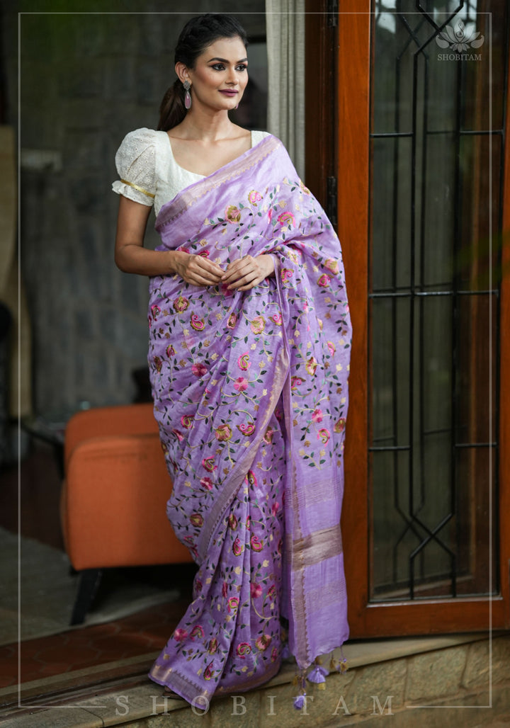 Floral Jaal embroidery on Silk Linen In Lilac with woven zari borders