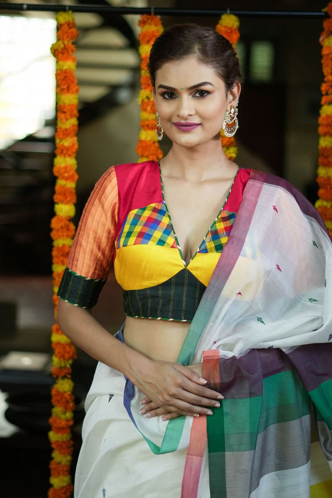 Multicolour checked patchwork V Neck Blouse in raw silk and other fabrics | SHOBITAM