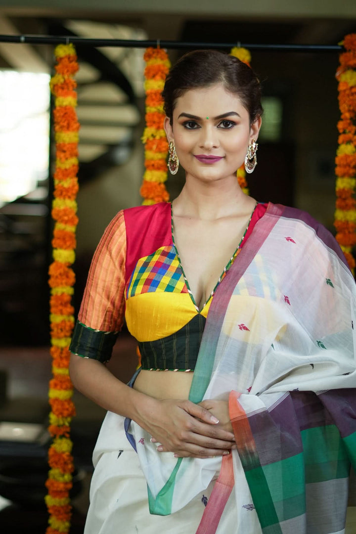 Multicolour checked patchwork V Neck Blouse in raw silk and other fabrics | SHOBITAM