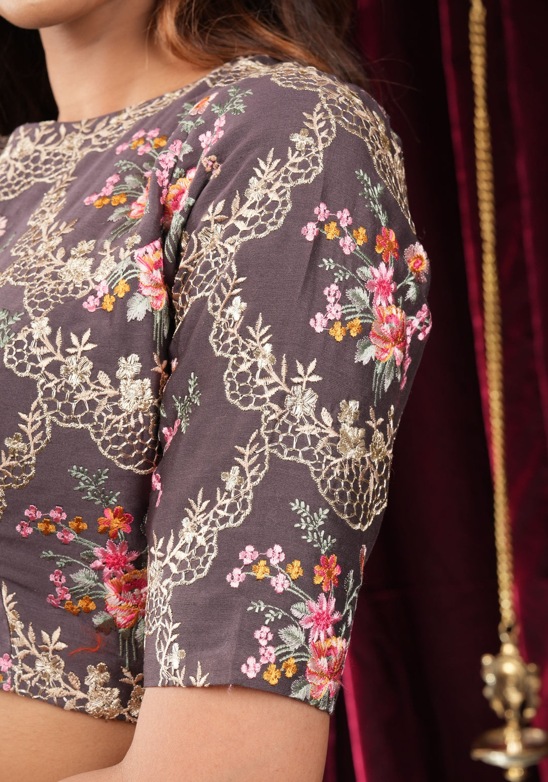 Gray Geecha Raw Silk blouse with floral embroidery and Bandgala pattern