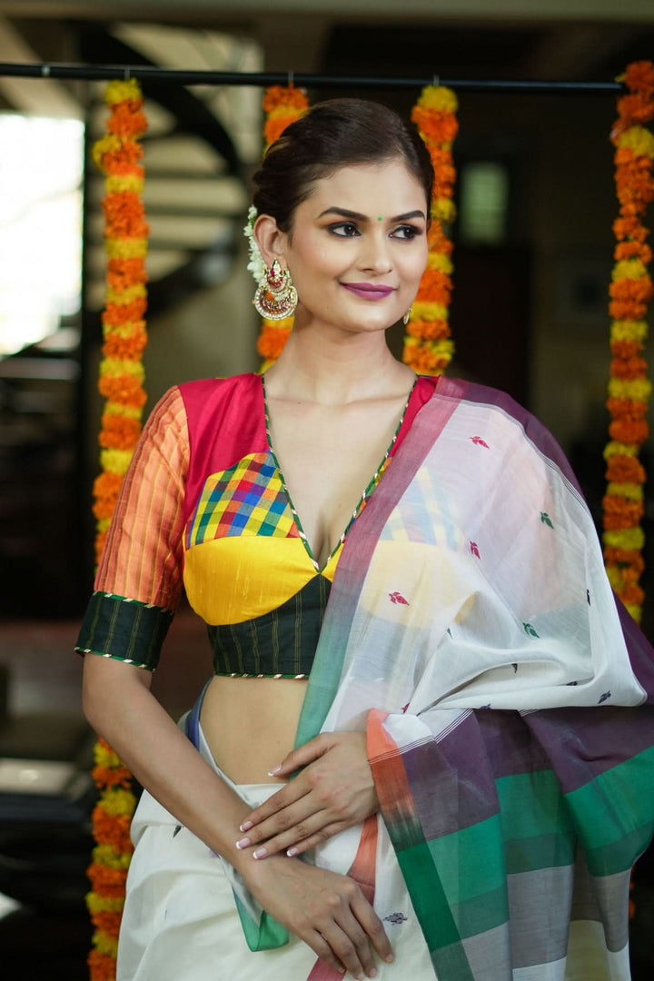 Multicolour checked patchwork V Neck Blouse in raw silk and other fabrics | SHOBITAM