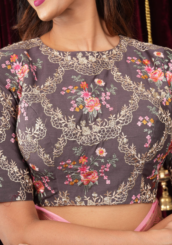 Gray Geecha Raw Silk blouse with floral embroidery and Bandgala pattern