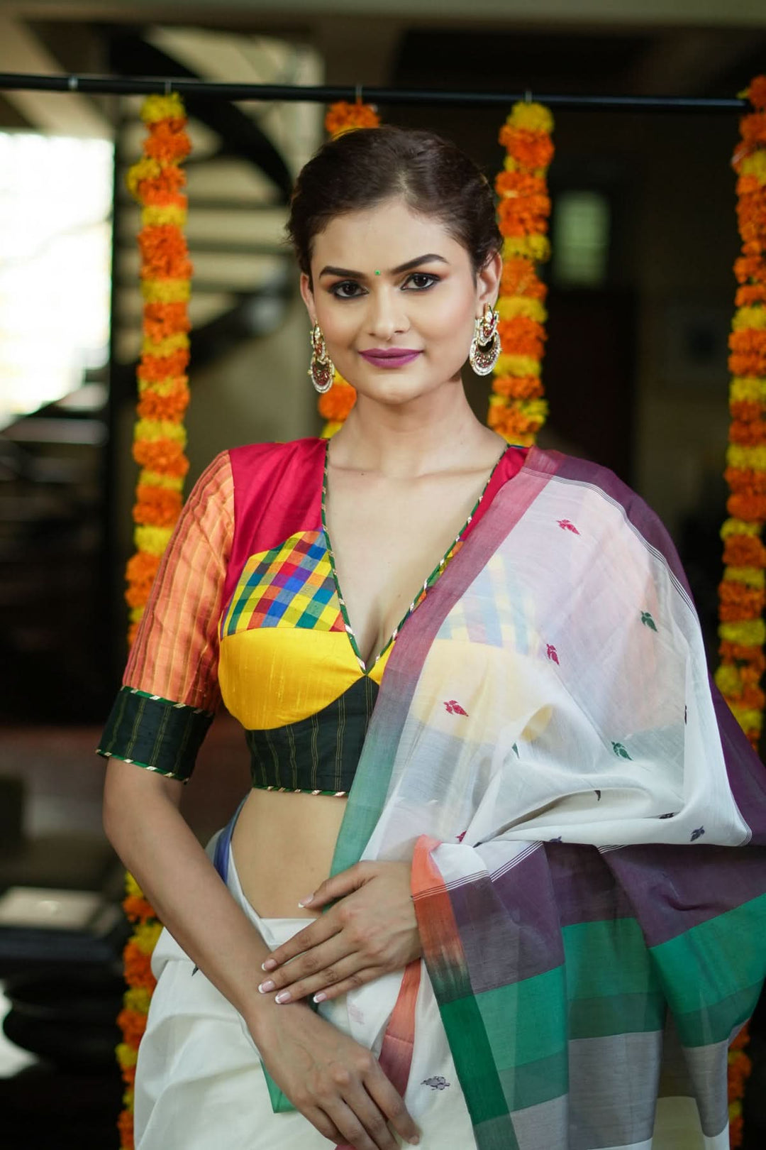 Multicolour checked patchwork V Neck Blouse in raw silk and other fabrics | SHOBITAM