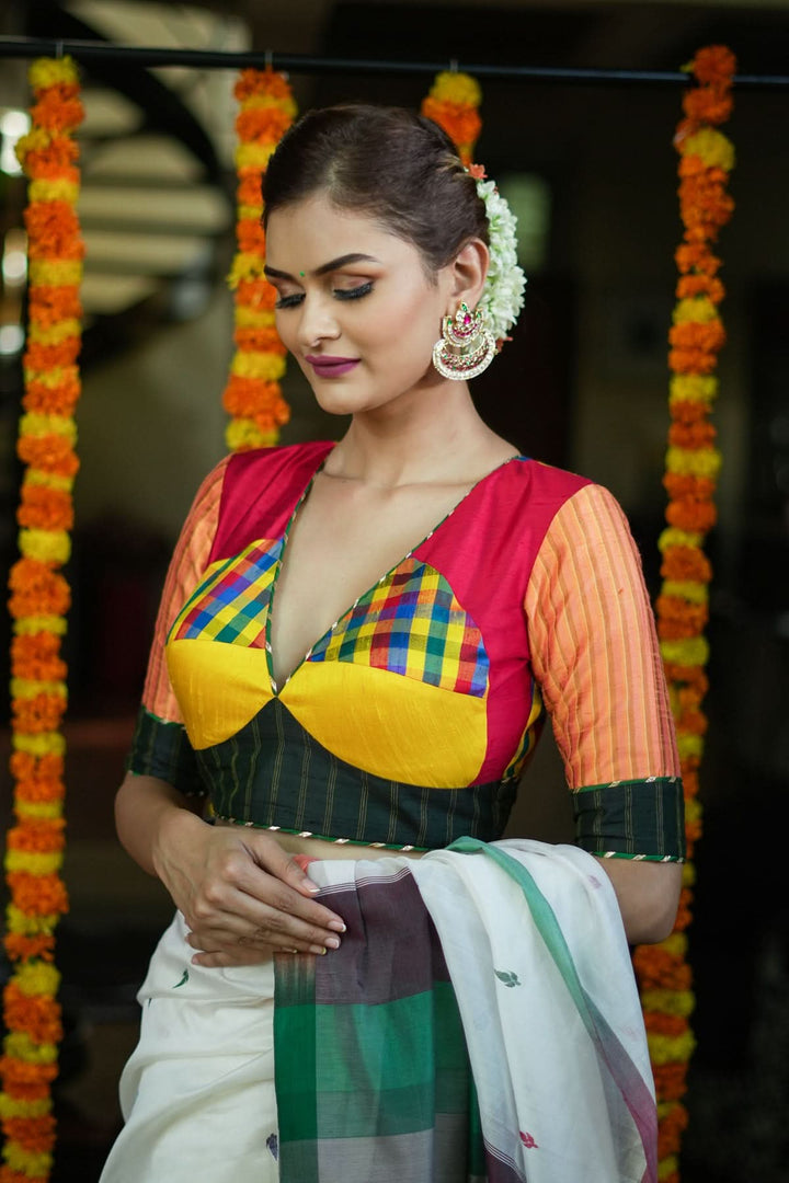 Multicolour checked patchwork V Neck Blouse in raw silk and other fabrics | SHOBITAM