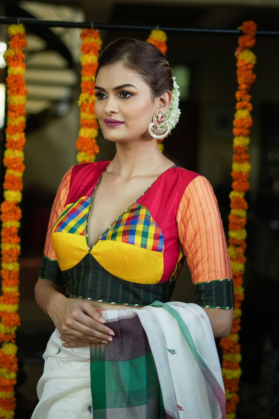 Multicolour checked patchwork V Neck Blouse in raw silk and other fabrics | SHOBITAM