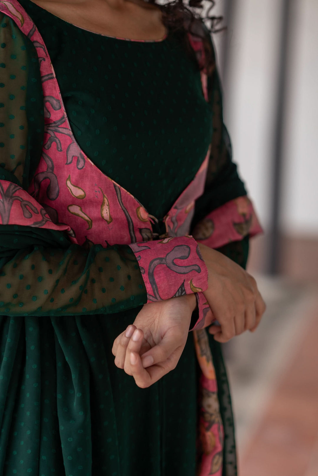 Deep Green and Pink Flared Kurti and Dupatta Set  | Made To Order