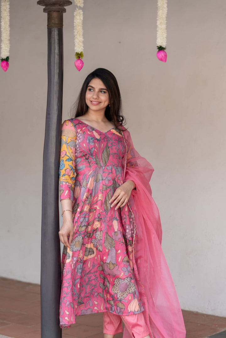Kalamkari Print Carnation Pink 3 piece Co-Ord Set