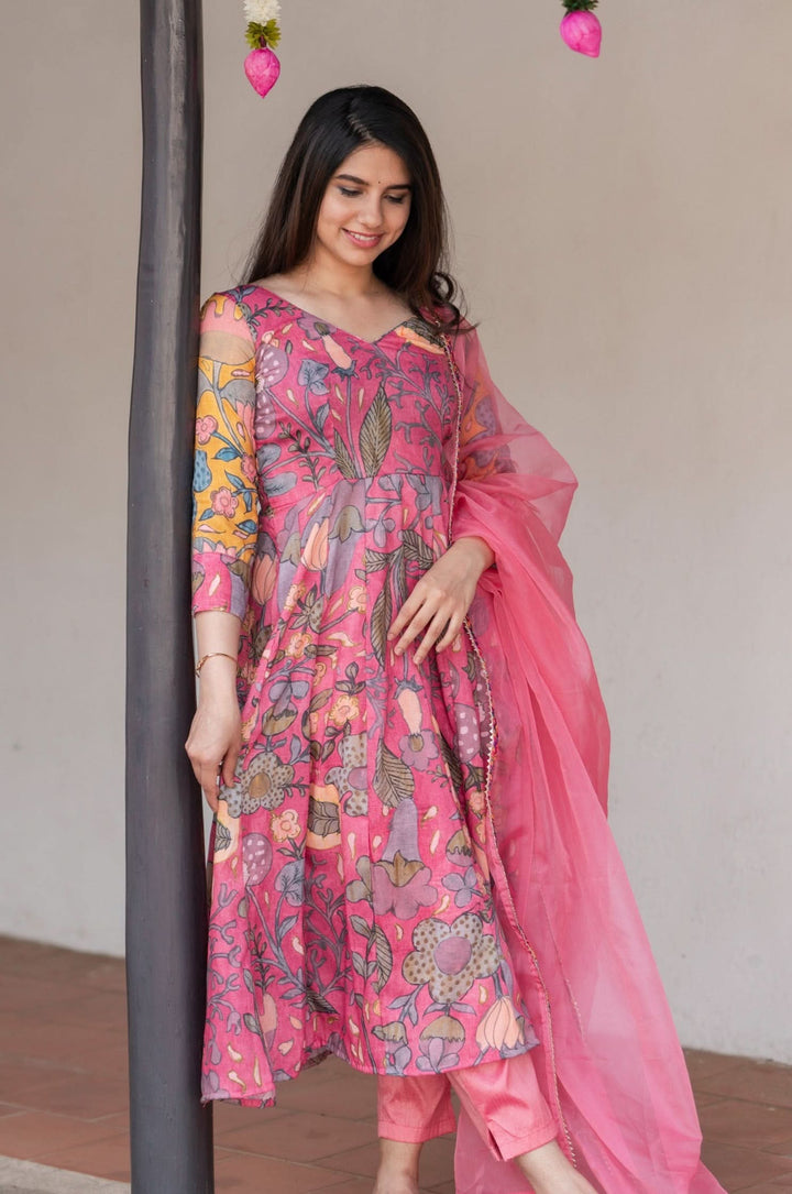 Kalamkari Print Carnation Pink 3 piece Co-Ord Set