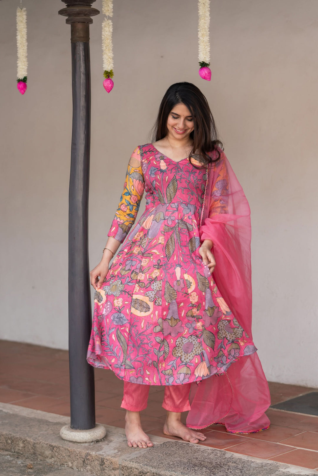 Kalamkari Print Carnation Pink 3 piece Co-Ord Set