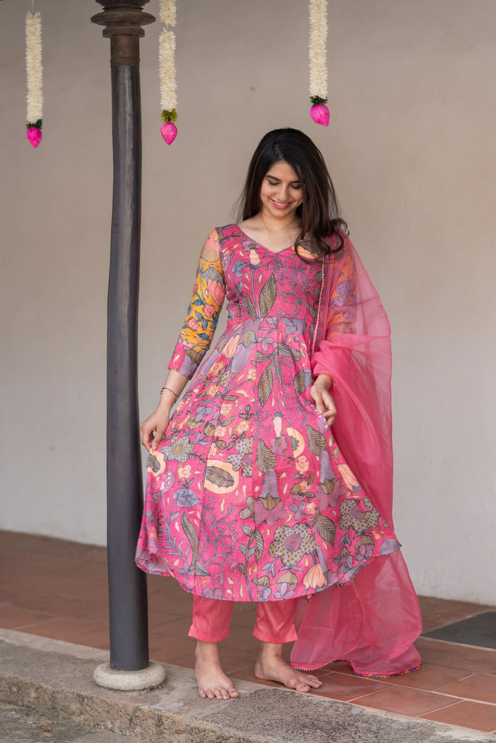Kalamkari Print Carnation Pink 3 piece Co-Ord Set