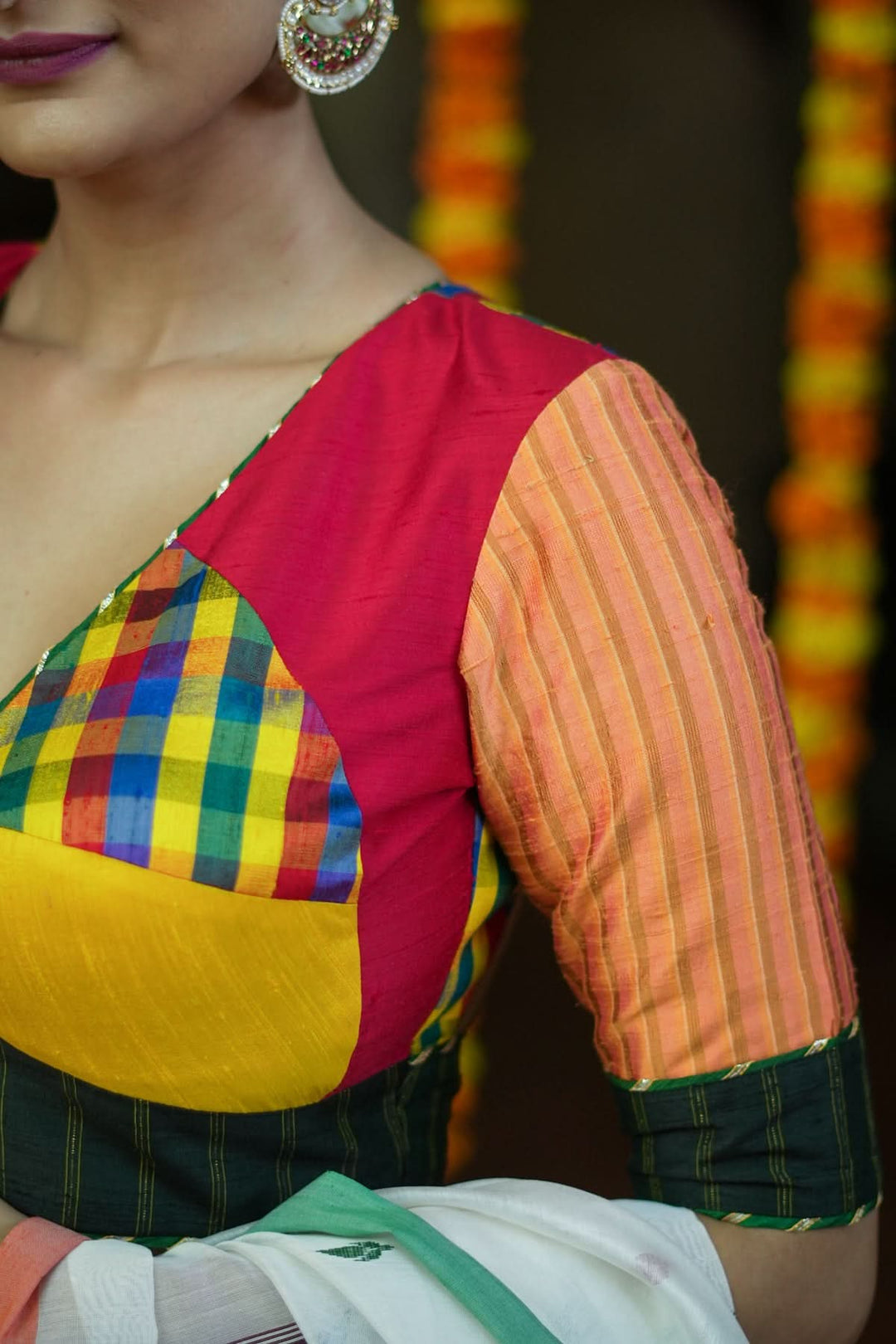 Multicolour checked patchwork V Neck Blouse in raw silk and other fabrics | SHOBITAM