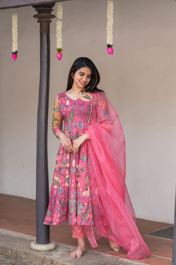 Kalamkari Print Carnation Pink 3 piece Co-Ord Set