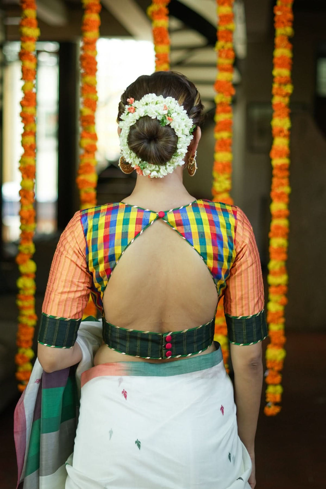 Multicolour checked patchwork V Neck Blouse in raw silk and other fabrics | SHOBITAM