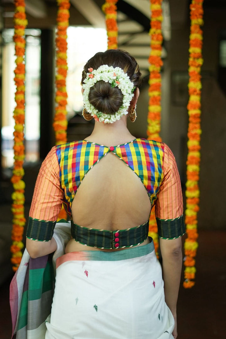 Multicolour checked patchwork V Neck Blouse in raw silk and other fabrics | SHOBITAM