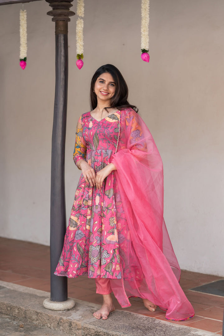 Kalamkari Print Carnation Pink 3 piece Co-Ord Set
