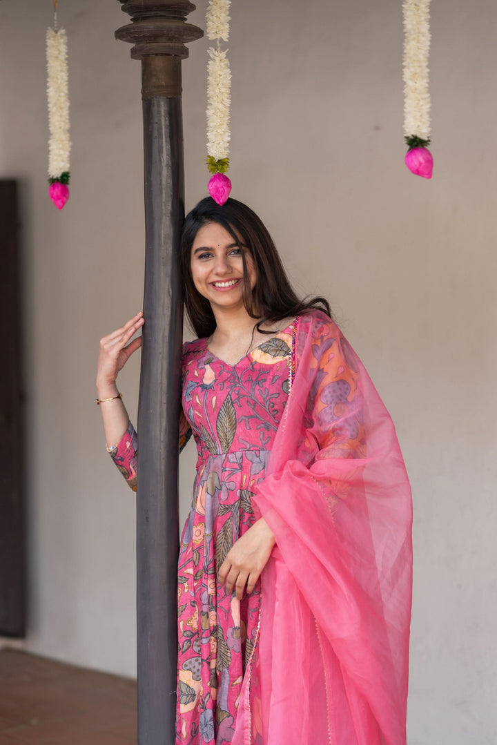 Kalamkari Print Carnation Pink 3 piece Co-Ord Set