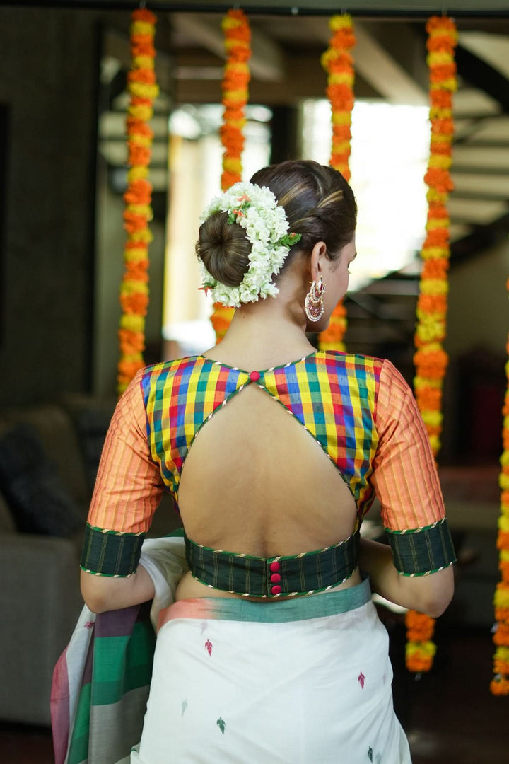 Multicolour checked patchwork V Neck Blouse in raw silk and other fabrics | SHOBITAM
