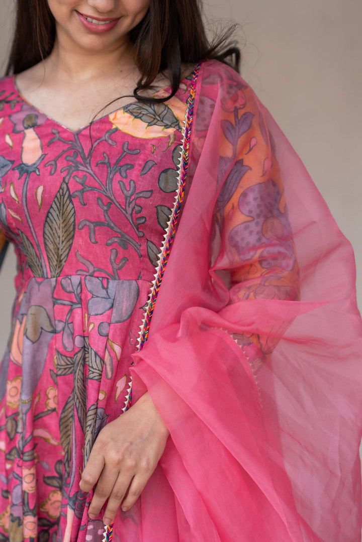 Kalamkari Print Carnation Pink 3 piece Co-Ord Set