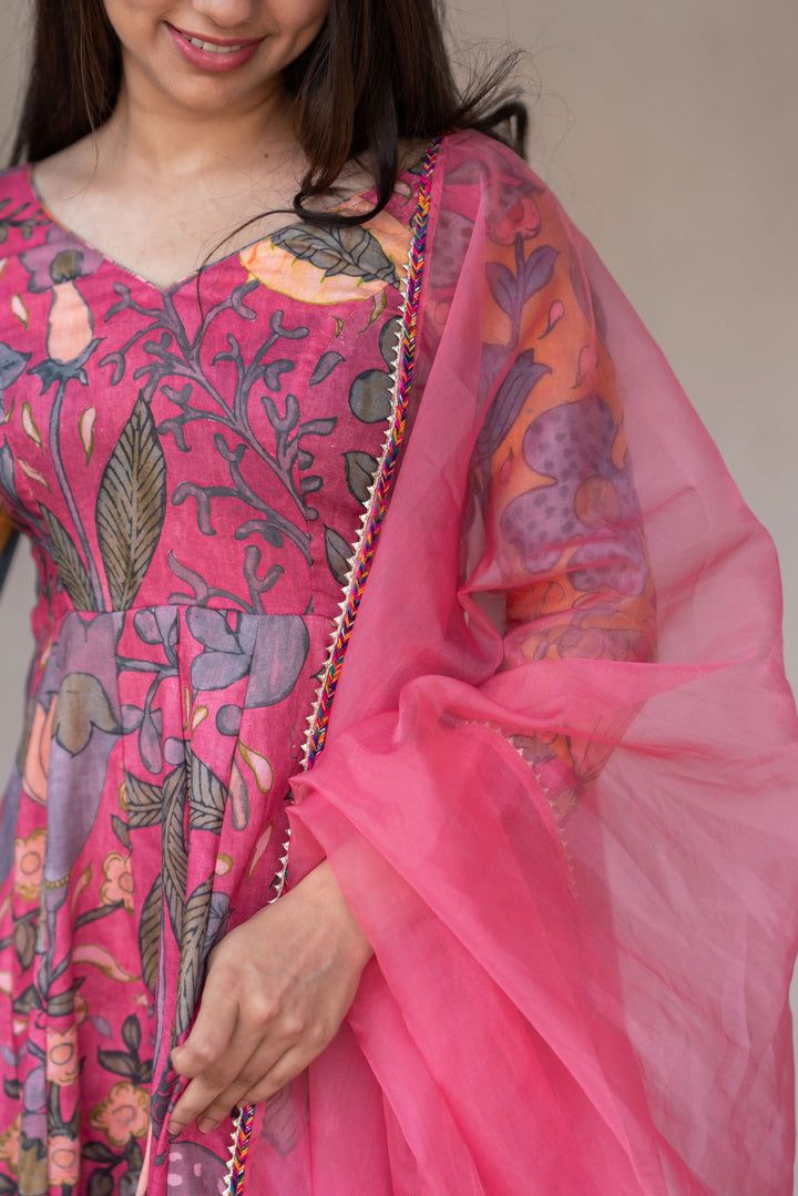Kalamkari Print Carnation Pink 3 piece Co-Ord Set