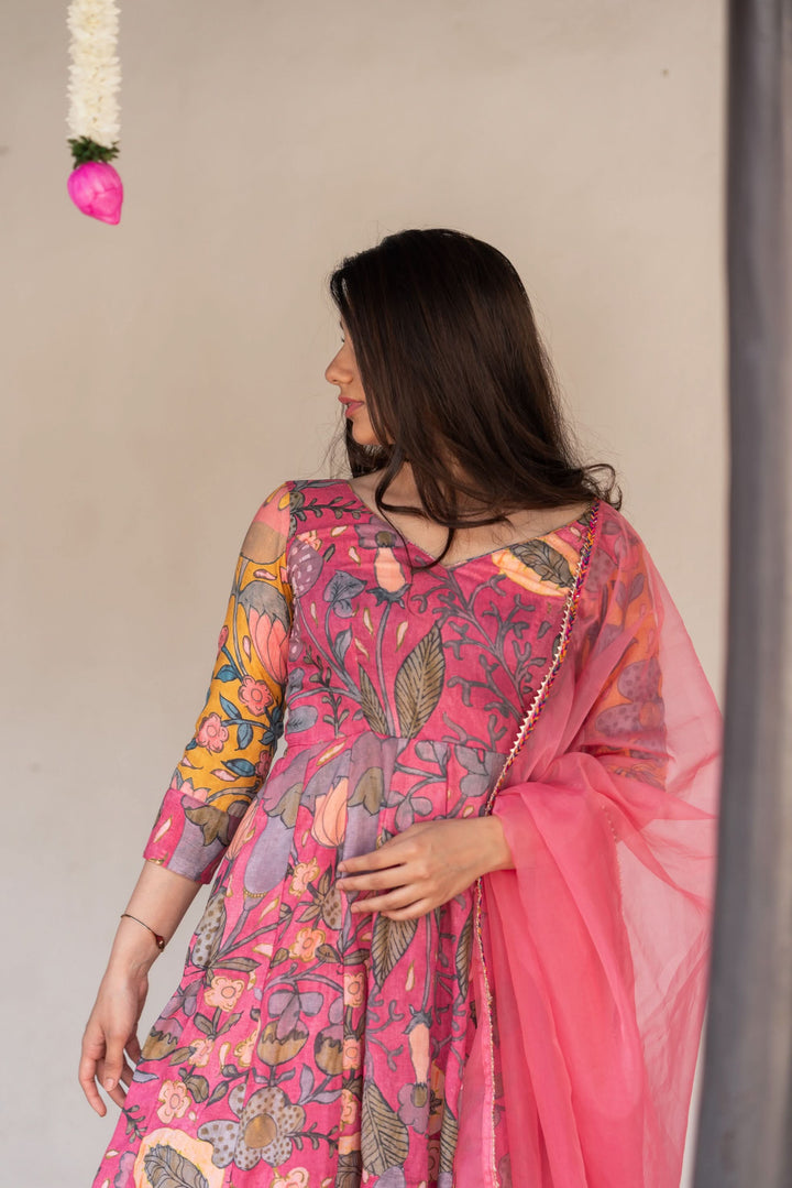 Kalamkari Print Carnation Pink 3 piece Co-Ord Set