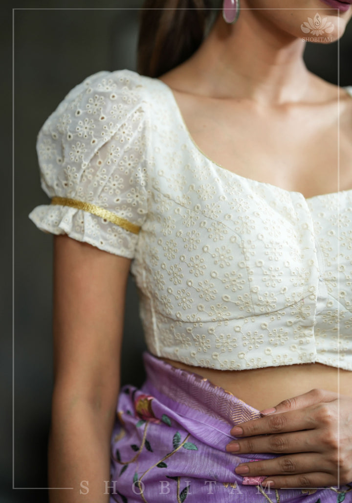 Eyelet Design Georgette Blouse with Puff Sleeves and embroidery detailing back!
