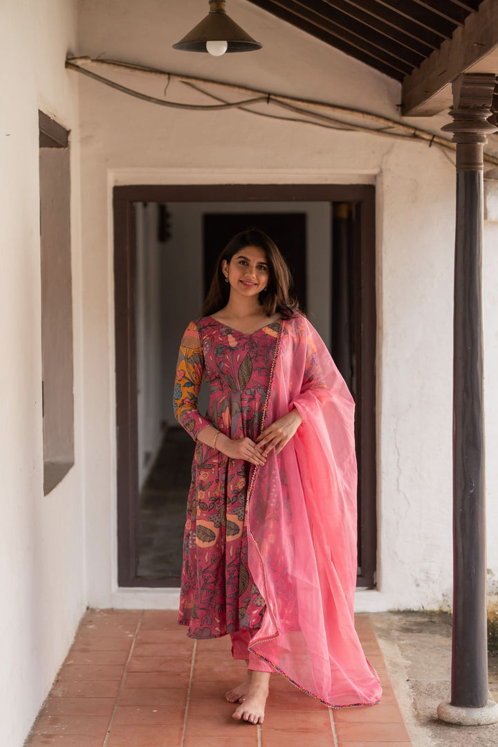 Kalamkari Print Carnation Pink 3 piece Co-Ord Set