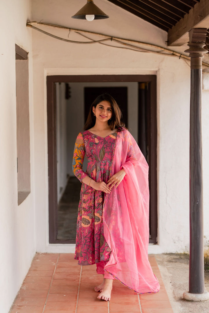 Kalamkari Print Carnation Pink 3 piece Co-Ord Set