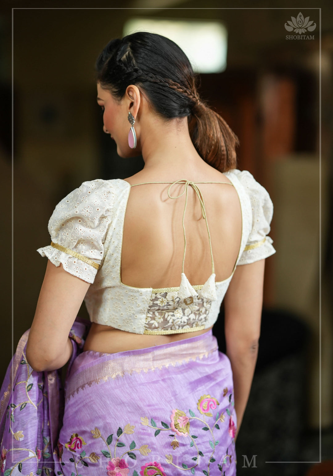 Eyelet Design Georgette Blouse with Puff Sleeves and embroidery detailing back!
