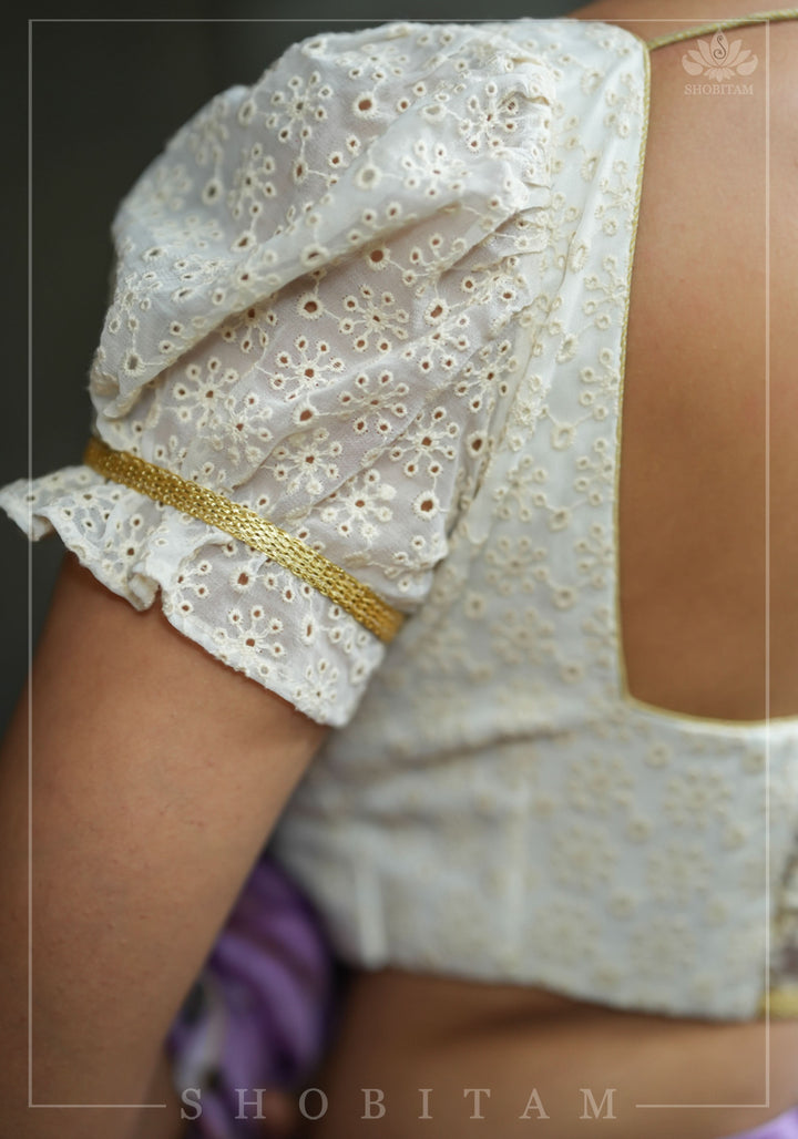 Eyelet Design Georgette Blouse with Puff Sleeves and embroidery detailing back!